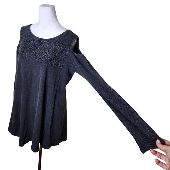 Soft Surroundings Cutout Shoulder Thermal Tunic Top Shirt Womens S Gray Waffle K - Picture 2 of 9